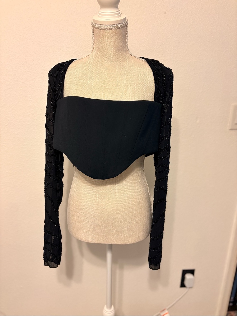 Oh Polly Black Beaded Long Sleeve Bandeau Crop
